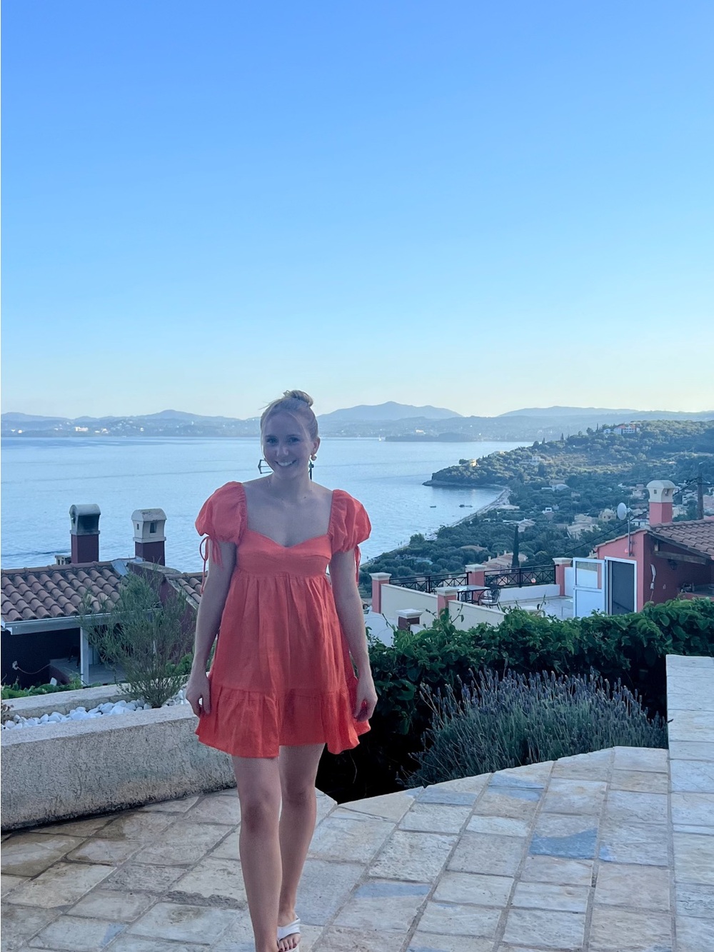 Coral Puff-Sleeve Mini Dress with Square Neckline